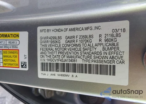 2018 Honda Accord Ex from USA, damaged, VIN 1HGCV1F43JA134061